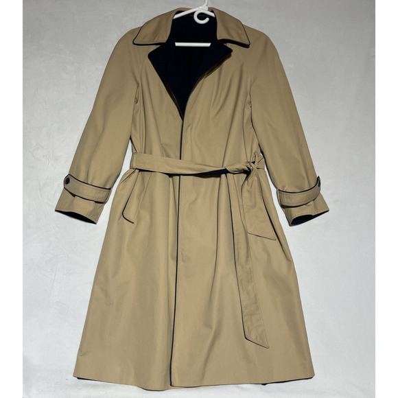 VTG Etienne Aigner Reversible Trench Rain Coat Womens 12P Tan Blue Belted Mid - Picture 1 of 16
